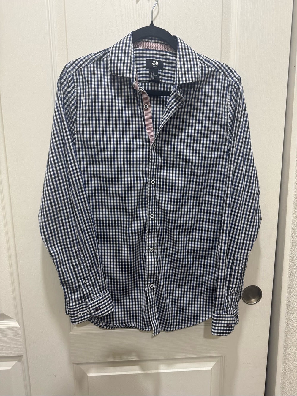 H&M Slim Fit Button Down Shirt Men’s Small Blue White Gingham Long Sleeve